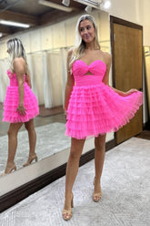 Misshow A-Line Fuchsia Strapless Tiered Tulle Short Homecoming Dress/Mini Dress with Keyhole